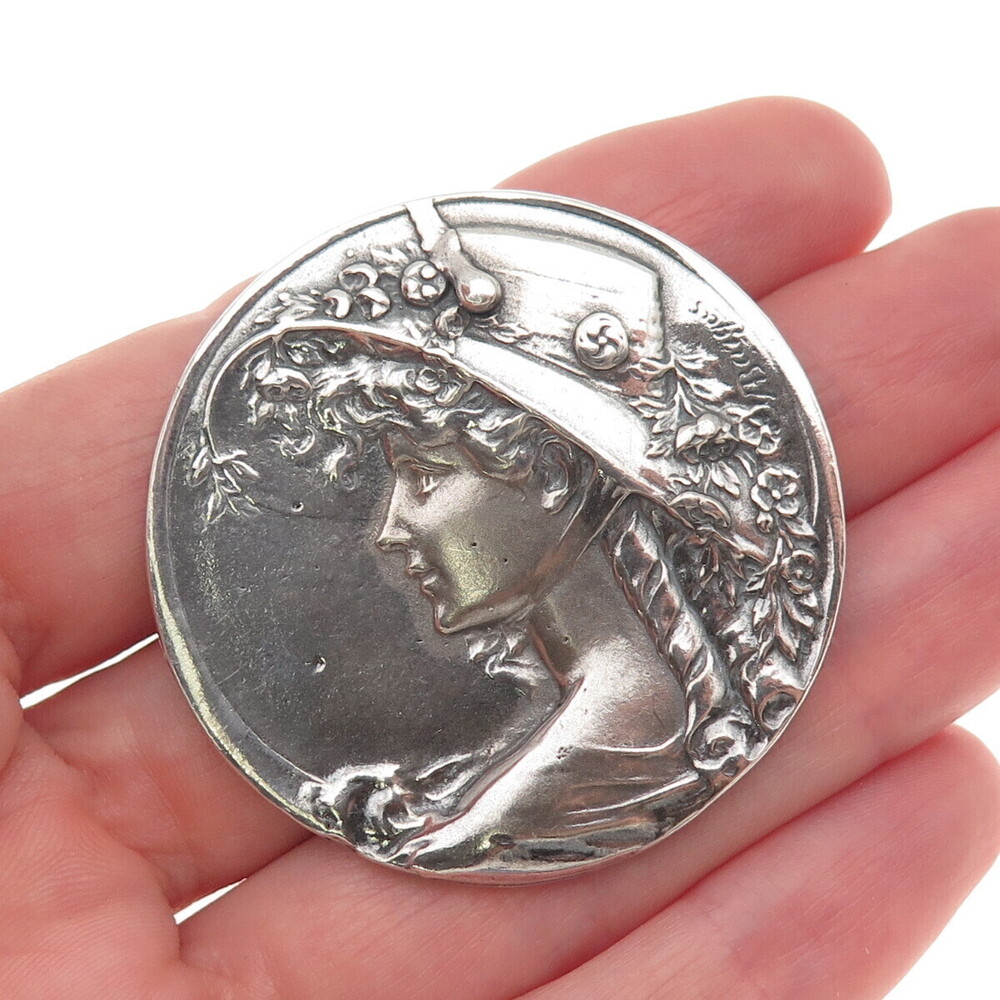 Armand Bargas 925 Sterling Silver Vintage Lady Cameo Oxidized Pin Brooch Pendant